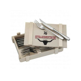 Set de 12 couverts à steaks WMF en acier + boitier en bois 12.8023.9990