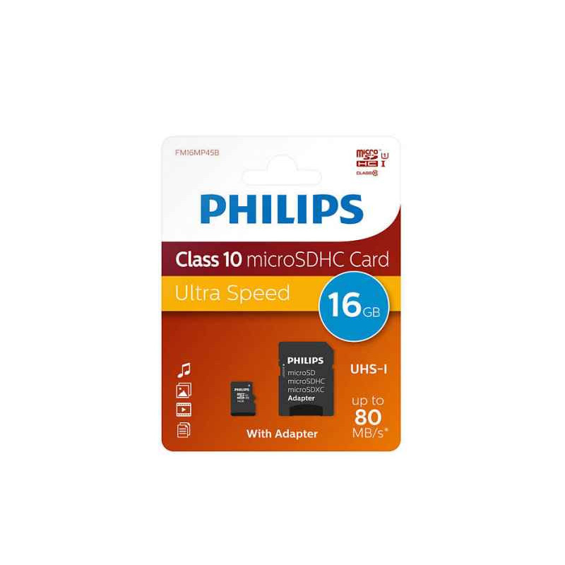 Philips MicroSDHC 16Go CL10 80mb/s UHS-I +Adaptateur au détail 