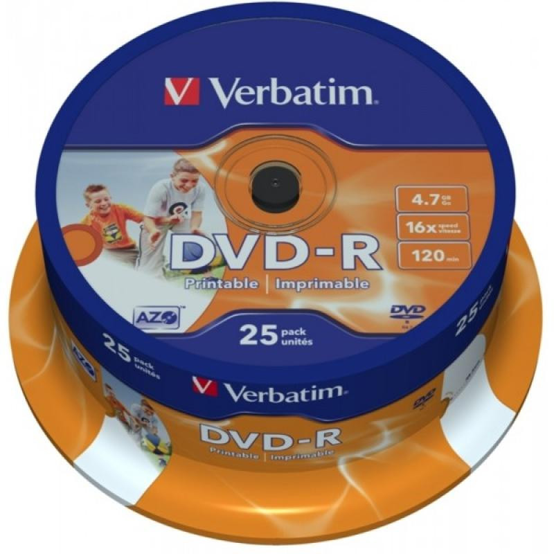 Pack de 25 DVD-R 4.7GB Verbatim 16x d?encre blanc imprimable Cakebox 43538 Pack de 25 DVD-R 4.7GB Verbatim 16x d?encre blanc imprimable Cakebox 43538