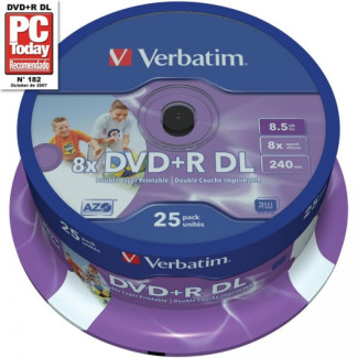 Pack de 25 DVD+R 8.5GB Verbatim 8x DL IW FS 25 CB 43667
