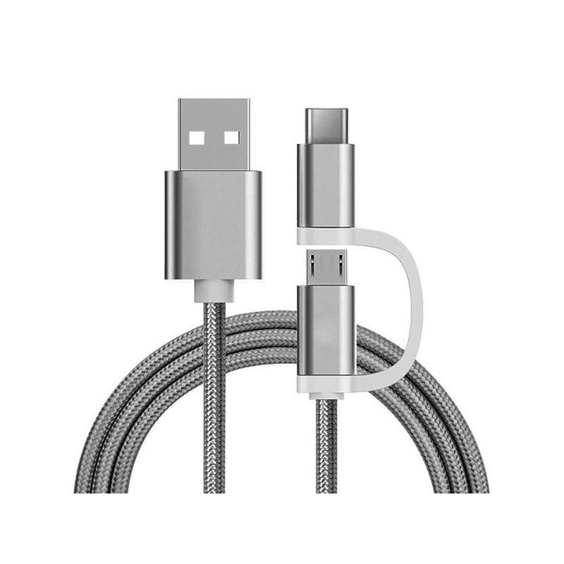 Reekin Chargeur 2 en 1 (USB Micro & Type-C) - 1.0 Mètre (Argenté-Nylon)