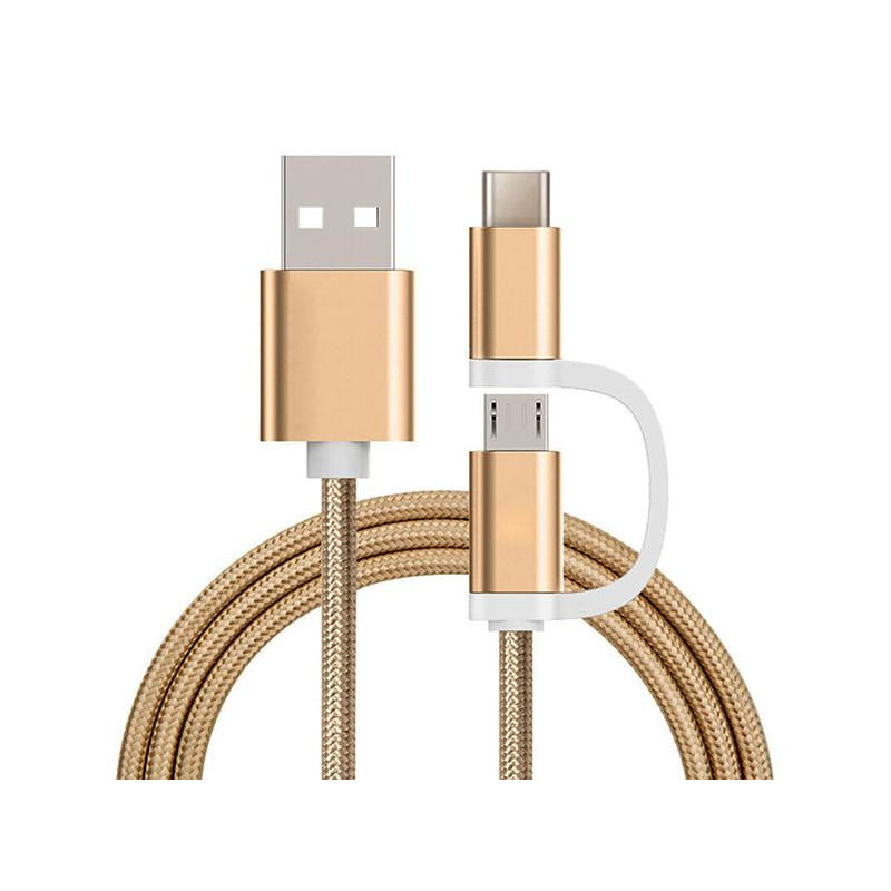 Reekin Chargeur 2 en 1 (USB Micro & Type-C) - 1.0 Mètre (Doré-Nylon)