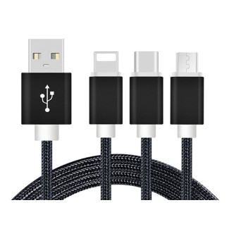 Reekin Chargeur 3 en 1 (Micro Type-C Lightning) - 1.2 Mètre (Noir-Nylon)