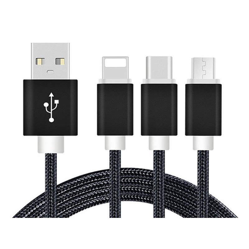 Reekin Chargeur 3 en 1 (Micro Type-C Lightning) - 1.2 Mètre (Noir-Nylon)