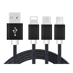 Reekin Chargeur 3 en 1 (Micro Type-C Lightning) - 1.2 Mètre (Noir-Nylon)