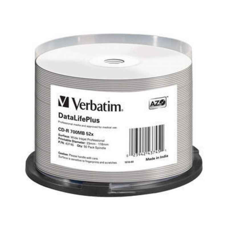Verbatim CD-R 80min/700MB/52x Cakebox (50 Disc) InkJet Printable White Verbatim CD-R 80min/700MB/52x Cakebox (50 Disc) InkJet Printable White