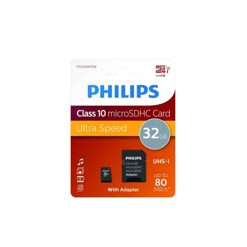 Philips MicroSDHC 32Go CL10 80mb/s UHS-I +Adaptateur au détail