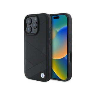 BMW Coque pour iPhone 16 Pro Max noire Signature Cuir Lignes Croisées