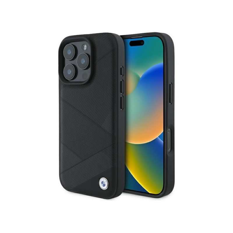 BMW Coque pour iPhone 16 Pro Max noire Signature Cuir Lignes Croisées