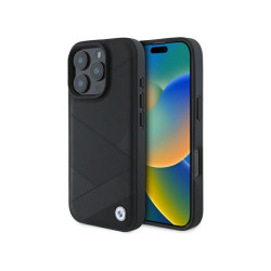 BMW Coque pour iPhone 16 Pro Max noire Signature Cuir Lignes Croisées