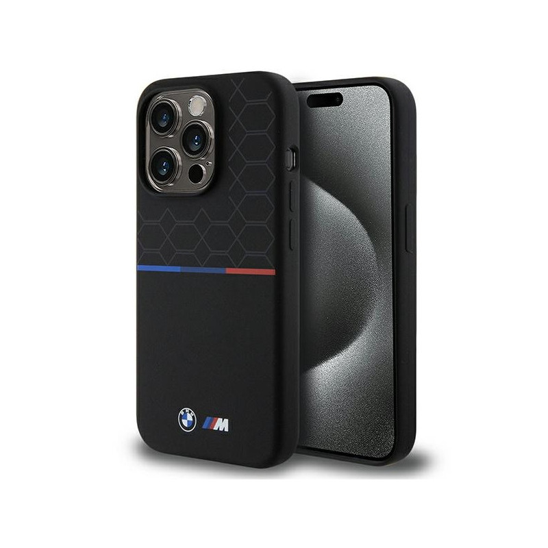 BMW Coque noire rigide en silicone à motifs MagSafe pour iPhone 15 Pro