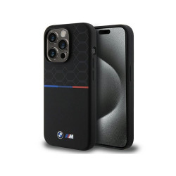 BMW Coque noire rigide en silicone à motifs MagSafe pour iPhone 15 Pro