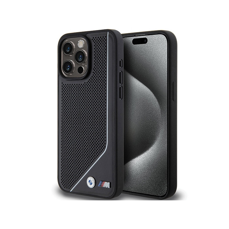 BMW Coque noire rigide perforée ligne torsadée MagSafe pour iPhone 15 Pro BMW Coque noire rigide perforée ligne torsadée MagSafe pour iPhone 15 Pro