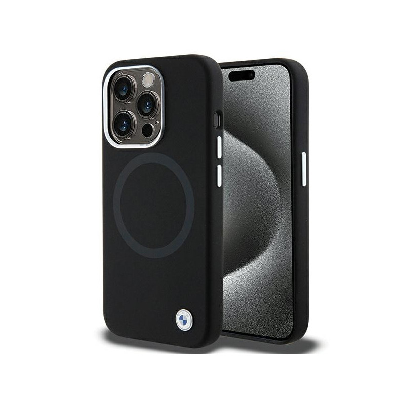 BMW Coque noire en silicone liquide Signature MagSafe pour iPhone 15 Pro