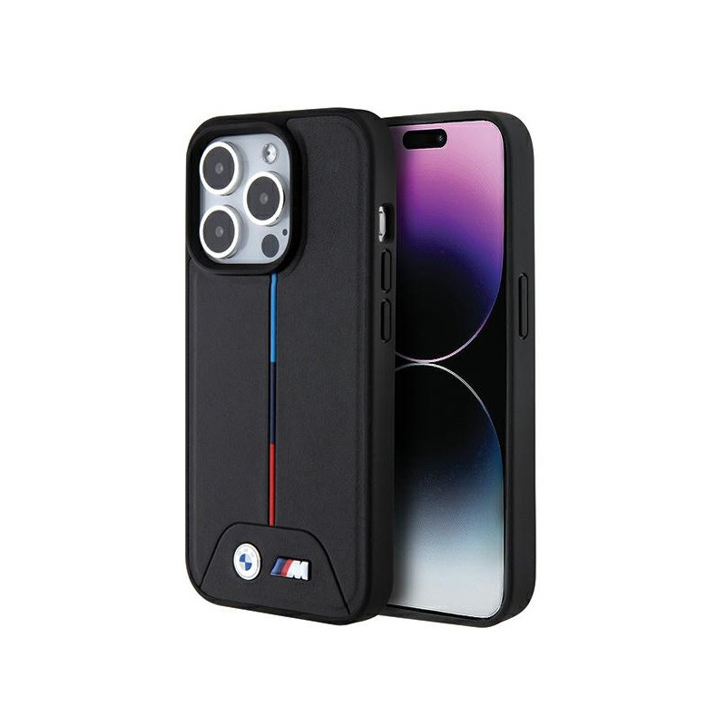 BMW Coque noire rigide matelassée tricolore MagSafe pour iPhone 15 Pro BMW Coque noire rigide matelassée tricolore MagSafe pour iPhone 15 Pro
