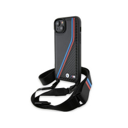BMW iPhone 13/14/15 Coque Rigide Noire Édi. M Lignes Tricolores & Dragonne