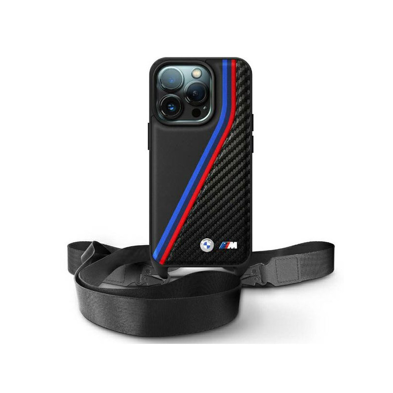 BMW Coque noire rigide M carbone lignes tricolores pour iPhone 16 Pro BMW Coque noire rigide M carbone lignes tricolores pour iPhone 16 Pro