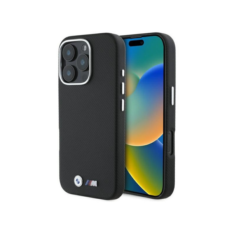 BMW Coque noire rigide M édition Kevlar métal pour iPhone 16 Pro