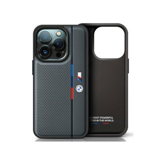 BMW Coque anthracite rigide M perforée ligne tricolore pour iPhone 16 Pro