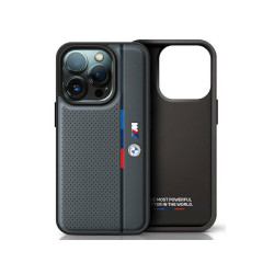 BMW Coque anthracite rigide M perforée ligne tricolore pour iPhone 16 Pro
