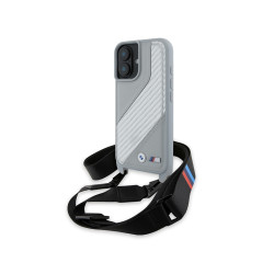 BMW Coque grise rigide M carbone avec sangle pour iPhone 16