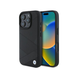 BMW Coque noire rigide Sign cuir motif lignes croisées pour iPhone 16 Pro