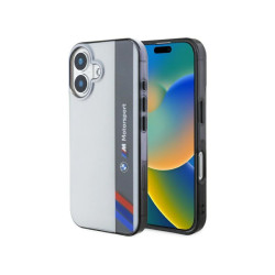 BMW Coque grise rigide Motorsport IML rayure verticale pour iPhone 16 Plus
