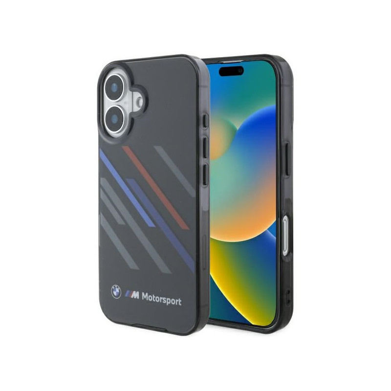 BMW Coque noire rigide Motorsport IML avec rayures pour iPhone 16 Plus BMW Coque noire rigide Motorsport IML avec rayures pour iPhone 16 Plus