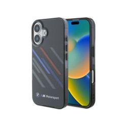 BMW Coque noire rigide Motorsport IML avec rayures pour iPhone 16 Plus