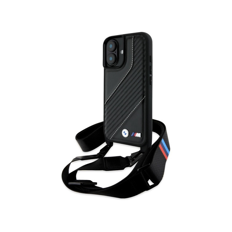 BMW Coque noire rigide M carbone rayure et sangle pour iPhone 16 Plus BMW Coque noire rigide M carbone rayure et sangle pour iPhone 16 Plus