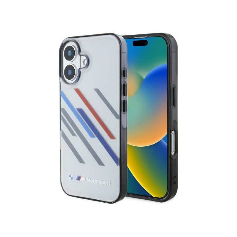 BMW Coque grise rigide Motorsport IML rayures aléatoires pour iPhone 16 BMW Coque grise rigide Motorsport IML rayures aléatoires pour iPhone 16
