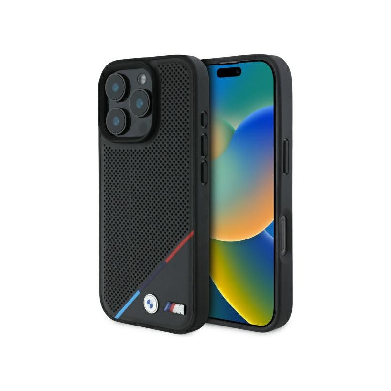 BMW Coque pour iPhone 16 Pro Max noire M Ligne Perforée Tricolore MagSafe BMW Coque pour iPhone 16 Pro Max noire M Ligne Perforée Tricolore MagSafe