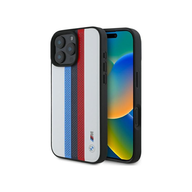 BMW Coque iPhone 16 Pro Max Blanc M Perforé Bandes Imprimées Tricolores MPN BMW Coque iPhone 16 Pro Max Blanc M Perforé Bandes Imprimées Tricolores MPN
