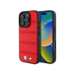 BMW Coque pour iPhone 16 Pro Max Rouge M Perforée Lignes Cousue MagSafe MPN