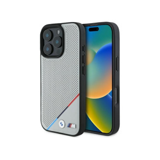 BMW Coque pour iPhone 16 Pro Max grise M Ligne Perforée Tricolore MagSafe