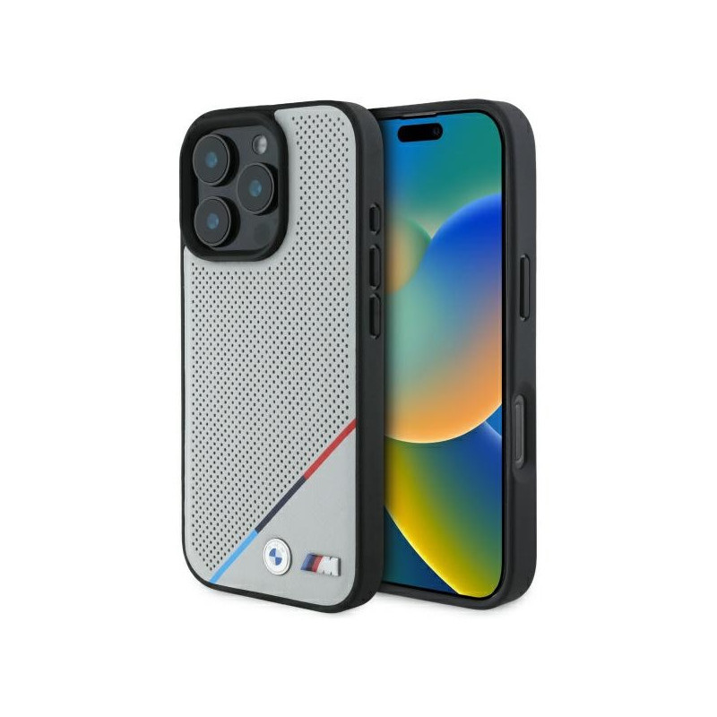 BMW Coque pour iPhone 16 Pro Max grise M Ligne Perforée Tricolore MagSafe