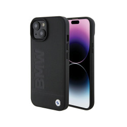 BMW Coque en cuir noire MagSafe Hot Stamp pour iPhone 14 Plus/15 Plus