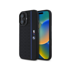 BMW Coque noire rigide silicone hexagone ligne bleue MagSafe pour iPhone 16