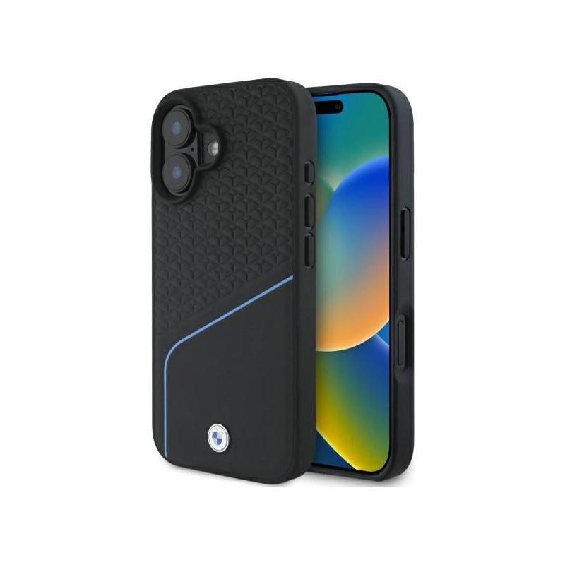 BMW Coque noire rigide cuir texturé sigle avec ligne MagSafe pour iPhone 16