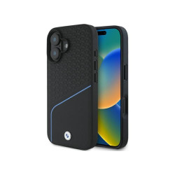 BMW Coque noire rigide cuir texturé sigle avec ligne MagSafe pour iPhone 16