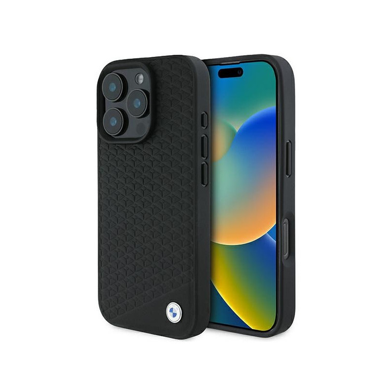 BMW Coque pour iPhone 16 Pro Max noire Cuir Diamant Logo Métal MagSafe