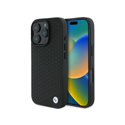BMW Coque pour iPhone 16 Pro Max noire Cuir Diamant Logo Métal MagSafe