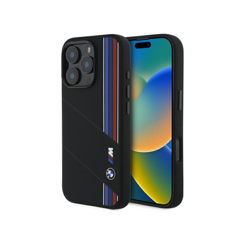 BMW Coque pour iPhone 16 Pro Max noire Silicone Lignes Tricolores MagSafe BMW Coque pour iPhone 16 Pro Max noire Silicone Lignes Tricolores MagSafe