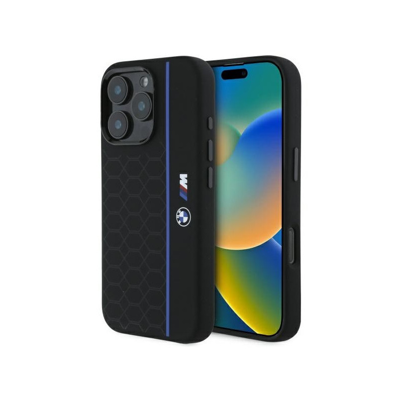BMW Coque pour iPhone 16 Pro Max noire Ligne Hexagonale Bleue MagSafe BMW Coque pour iPhone 16 Pro Max noire Ligne Hexagonale Bleue MagSafe