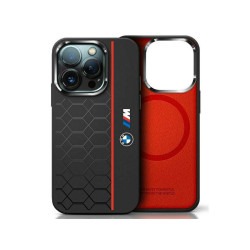 BMW Coque pour iPhone 16 Pro Max noire Ligne Hexagonale Rouge MagSafe