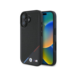 BMW Coque noire rigide M perforée ligne tricolore MagSafe pour iPhone 16