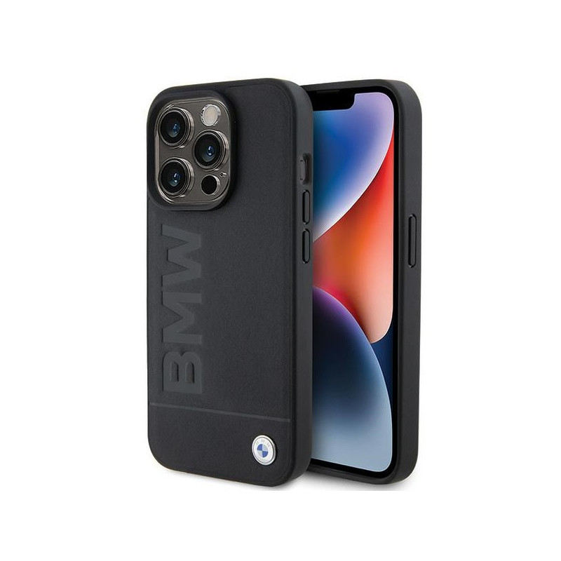 BMW Coque noire en cuir MagSafe avec estampage chaud pour iPhone 15 Pro Max BMW Coque noire en cuir MagSafe avec estampage chaud pour iPhone 15 Pro Max