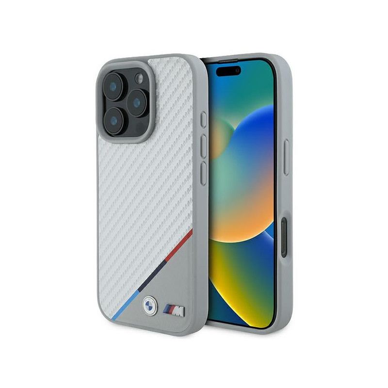 BMW iPhone 16 Pro Coque grise M Carbone Ligne Tricolore MagSafe BMW iPhone 16 Pro Coque grise M Carbone Ligne Tricolore MagSafe