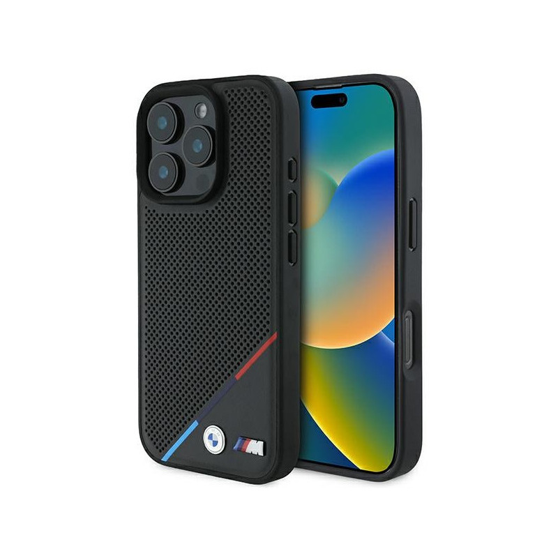 BMW Coque noire rigide M perforée tricolore MagSafe pour iPhone 16 Pro BMW Coque noire rigide M perforée tricolore MagSafe pour iPhone 16 Pro