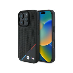 BMW Coque noire rigide M perforée tricolore MagSafe pour iPhone 16 Pro